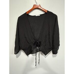 Timing Black Crochet Lace Trim Tie Front Crop Top Boho Gauze festival large